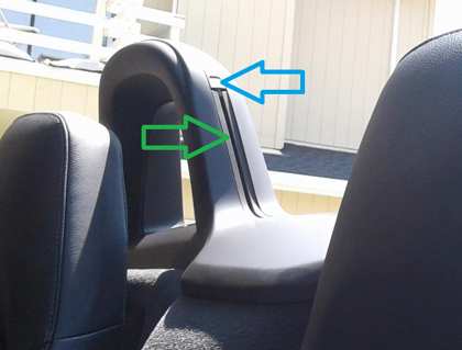 Porsche Boxster roll-bar cover showing the factory wind deflector slot (green) and release buttons (blue)
